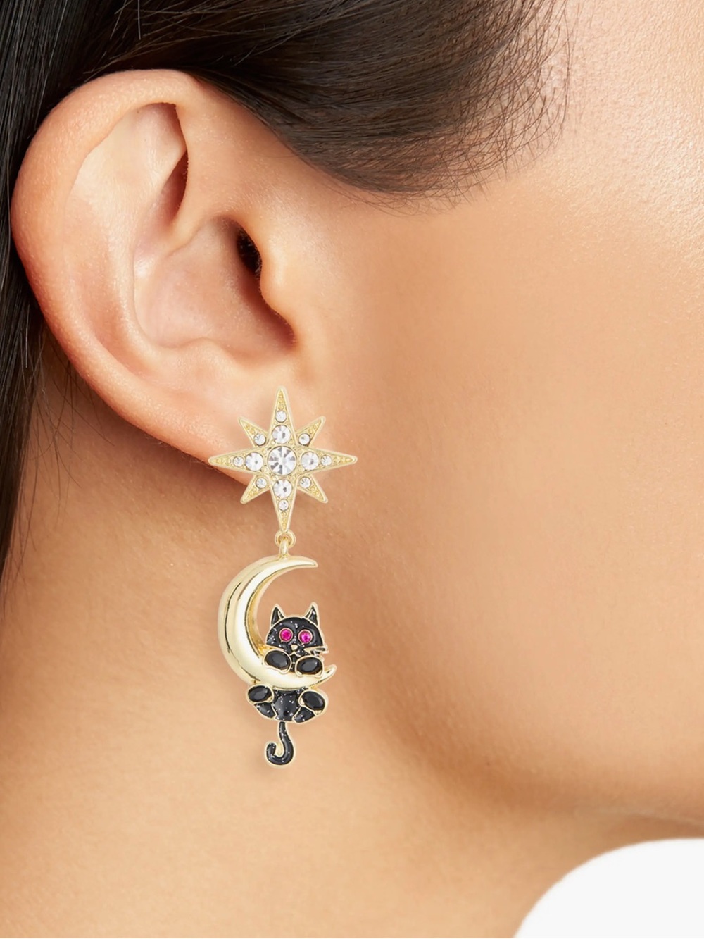 Brand New Baublebar Black Cat & Gold Crescent 🌙 Moon Drop Earrings